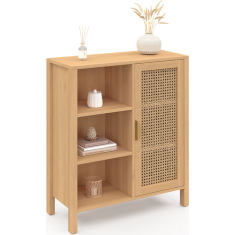 Idmarket – Buffet d'appoint 3 étagères et placard 70 cm – Structure en panneaux de particules – Design cannage naturel – Rangement modulable