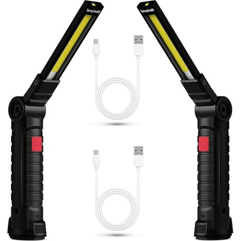 2x Lampe Lampe de Travail LED Rechargeable, Baladeuse Magnétique COB, Torche USB Puissante 5 Modes, Éclairage d'Inspection Auto, Lampe de Camping 360° avec Base Aimantée, Atelier/Garage/Urgence