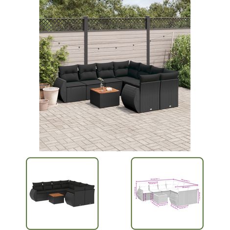 The Living Store 9-tlg. Garten-Sofagarnitur mit Kissen Schwarz Poly Rattan - Gartenmöbel Set - PE-Rattan Möbel - Outdoor Lounge - Esstisch - Gartenstuhl (1/3)