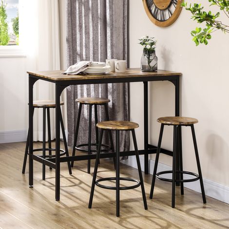 Table de bar 5 pièces avec 4 tabourets, style industriel, plateau MDF aspect bois, structure métal noire, gain de place pour cuisine et bar  CHICFURN (1/5)