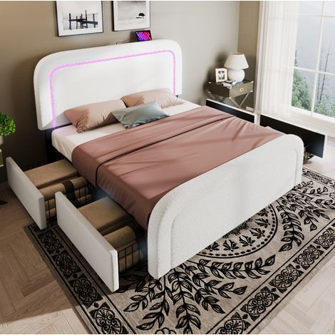 Letto matrimoniale rétro in Sherpa bianco 160x200 cm con testiera regolabile, LED, USB-C, 4 cassetti, rete a doghe e materasso