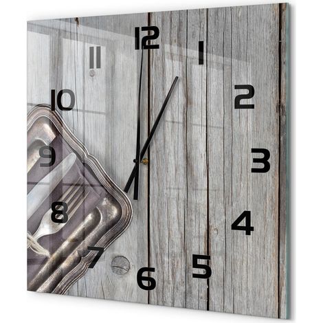 Grande Horloge Murale Carrée Décorative Design Artistique Verre Trempé Salon Couverts sur des planches 60x60 cm (1/5)