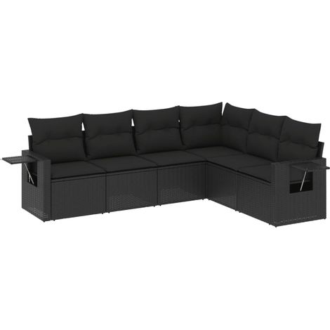 Salon de jardin 6 pcs Mobilier de jardin avec coussins noir résine tressée (1/5)