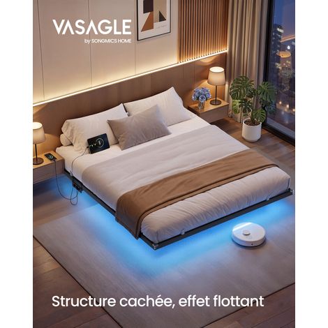 Lit Flottant 180 x 200 cm avec LED, Ports USB et Prises CA, pour Chambre, Capacité 500 kg, Noir (1/5)