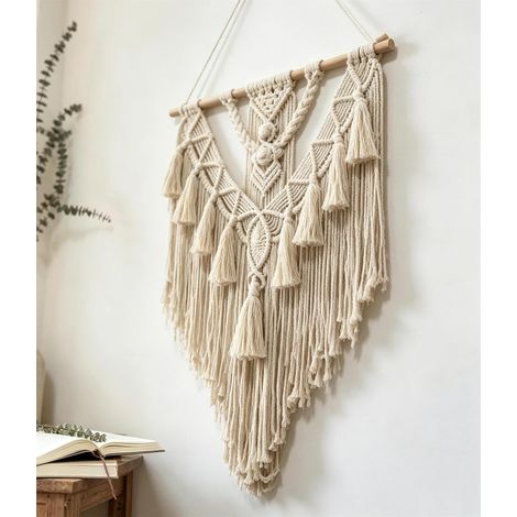Tapisserie murale bohème en macramé - 70 x 40 cm - Tissée à la main - En coton - Avec pompons et tige en bois - Tapisserie bohème pour salon, chambre à coucher, balcon - Décoration murale (1/5)