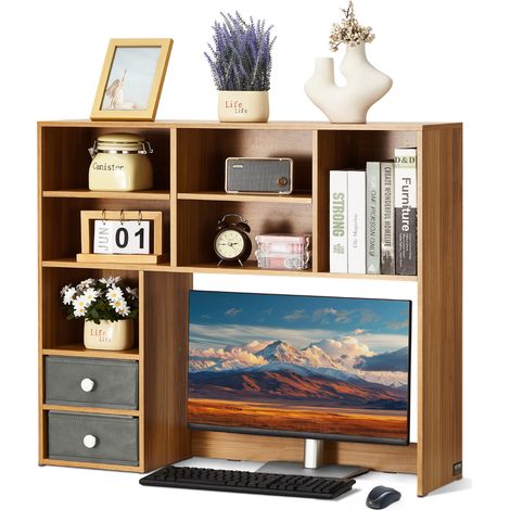 VEVOR Desktop Bookshelf, 3-Tier Wood Desktop Storage Organizer, 37" x 10" x 31.1" Office Storage Rack Wood Display Shelf, Desktop Bookshelf Hutch with Two Fabric Drawers, for Office, Home & Dorm (1/5)