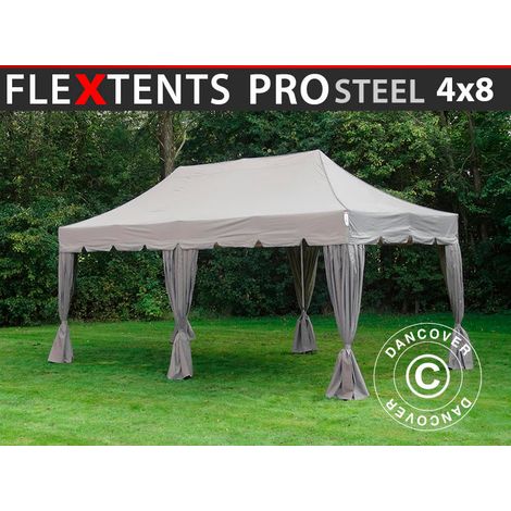 Pop up gazebo FleXtents PRO Steel "Peaked" 4x8 m Latte, incl. 6 decorative curtains