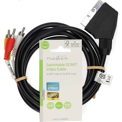 Nedis SCART-Kabel / SCART Stecker / 3x Cinch-Stecker / Vernickelt / Schaltbar / 480p / 2.00 m / Rund / PVC / Schwarz / Label