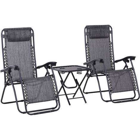 Outsunny Folding Zero Gravity Chairs, 3 Pieces Adjustable Sun Lounger and Table Set with Cup Holder and Headrest, Patio Bistro Set with Reclining Garden Chairs for Outdoor, Light Grey