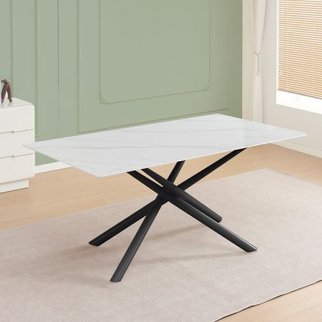 Tavolo fisso Corveo con piano effetto marmo bianco e struttura in metallo nero stile Shangai 180x90 (1/5)