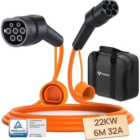 Cable de carga para vehículos eléctricos, certificado por TÜV, resistente al agua, 22 kW 32 A 6 m (1/2)
