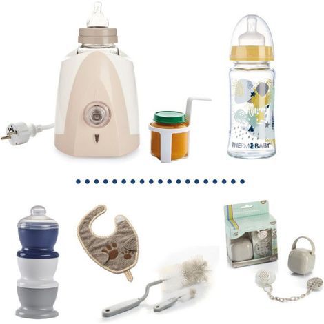 Chauffe biberon + Biberon verre 230ml + Goupillon biberon + Boîte doseuse de lait + Bavoir + Coffret Boîte a sucettes (1/5)