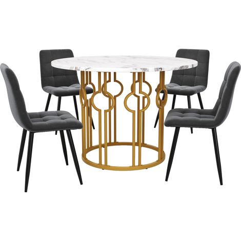 Set tavolo da pranzo 5 pezzi rotondo 100 cm MDF bianco e metallo dorato con 4 sedie in velluto (1/5)