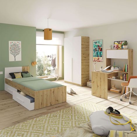 Conjunto de Muebles Dormitorio Juvenil Moderno Melamina Color Roble Nodi y Blanco Artik