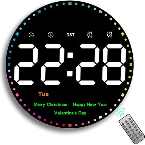 Horloge murale numérique, grande horloge LED de 25,4 cm (10 pouces) avec télécommande. Horloge moderne avec minuteur, compte à rebours, température, jour et date, et 2 alarmes. (1/5)
