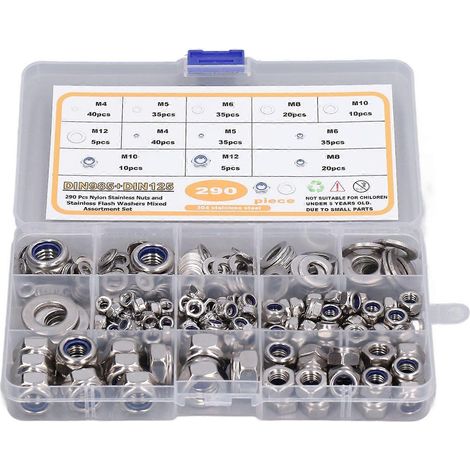 Assortiment de 290 rondelles en acier inoxydable 304, écrous autobloquants en nylon M4, M5, M6, M8, M10 et M12 (1/5)