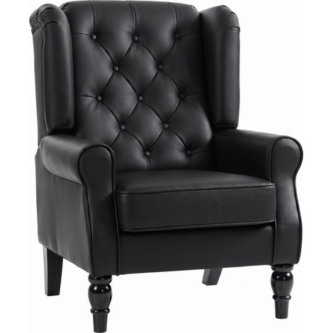 Poltrona Camera da Letto in Pelle PU con Ampia Seduta, Braccioli e Gambe in Legno di Eucalipto, Nero (1/5)