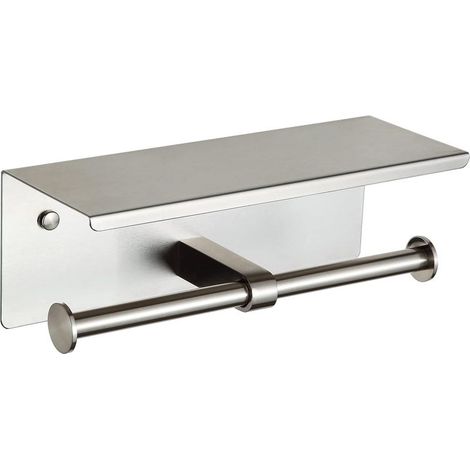 Support double pour papier toilette avec étagère, en nickel brossé, à fixer au mur.
