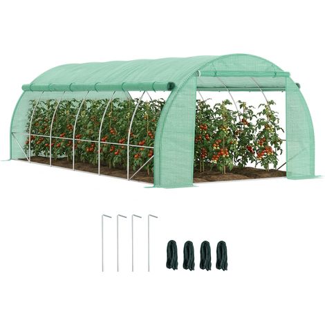 Outsunny Foliengewächshaus Polytunnel 6 x 3 x 2 m begehbares Gewächshaus mit aufrollbar Abdeckungen Folientunnel Treibhaus UV-Schutz Stahlrohr Grün