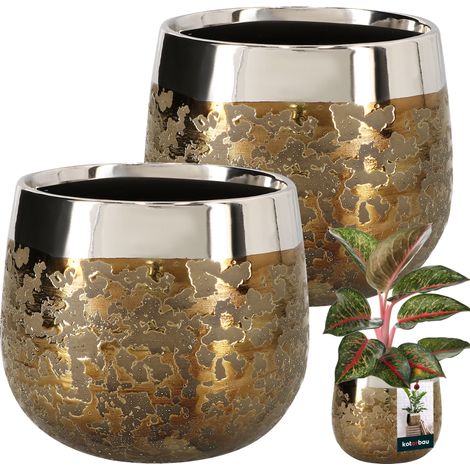 Vaso rotondo dorato effetto specchio, 12,5 cm, con coperchio in ceramica e fiori, confezione da 2 pezzi.