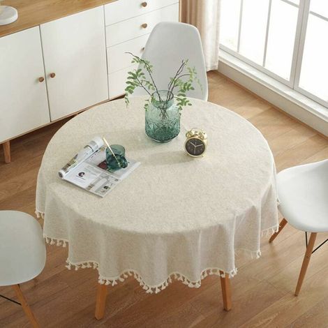 Manteles redondos de color liso con borlas para interior y exterior, de algodón multiusos, diámetro 100 cm. (1/4)