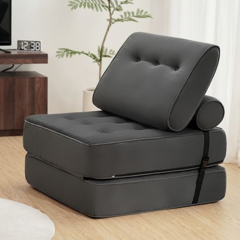3-in-1 Faltbares Schlafsofa umwandelbarer Sofa / Bett,  Schlafsessel mit Kissen, Komfortable Schlafcouch Bodensofa-Lounge 80cm, Grau