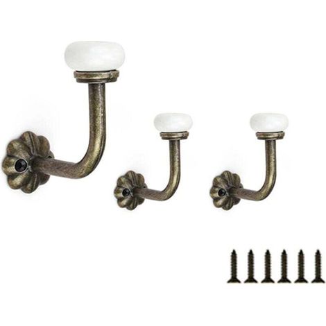 Patere Vintage 3 Pièces, Patere Porte Manteau Mural avec Vis, Tête Céramique Crochet Porte Manteau, Alliage Zinc Patere Murale, Patere Salle de Bain pour Accrocher Vêtements, Chapeaux, Clés (1/4)