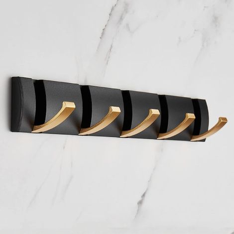 Porte Manteau Mural Pliant avec 5 Crochets, Patere Murale peu Encombrant, Patere Porte Crochets Porte Serviettes Noir doré pour Salle de Bain, Chambre, Entrée, Chapeaux, écharpes, Parapluie (1/5)