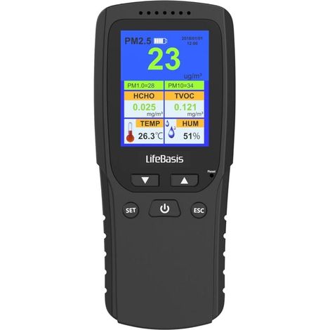 Moniteur de Qualité de l'air 8 en 1 PM2.5 / PM1.0 / PM10 / HCHO/TVOC/AQI/TEMP/HUM Détecteur Air Quality Monitor Portable pour Chambres, Bureaux et Autres Lieux