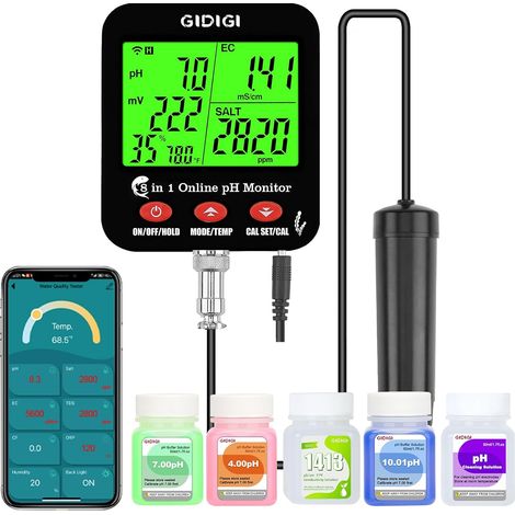 Testeur intelligent WiFi 8 en 1 de pH/EC/CF/TDS/salinité avec ORP, humidité,température, moniteur de nutriments hydroponiques et testeur sel et de pH pour aquariums, bassins et systèmes hydroponiques (1/5)