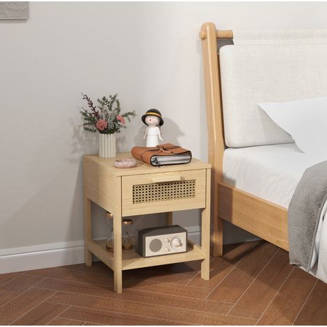 Comodino con cassetto e ripiano aperto, decoro rattan, 40 x 40 x 48,4 cm, legno naturale HAVRYA (1/5)