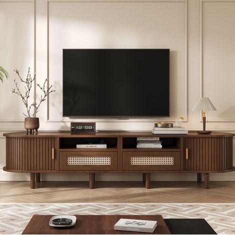 Mobile TV 170x40x40 cm con 2 cassetti e 2 ante scorrevoli, effetto rattan, MDF, color noce scuro (1/5)