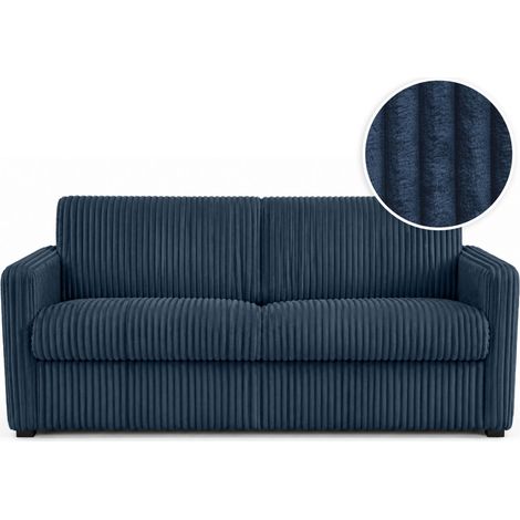 Canapé convertible couchage express AGATHE 3places en velours côtelé bleu foncé - Couchage 140x190cm