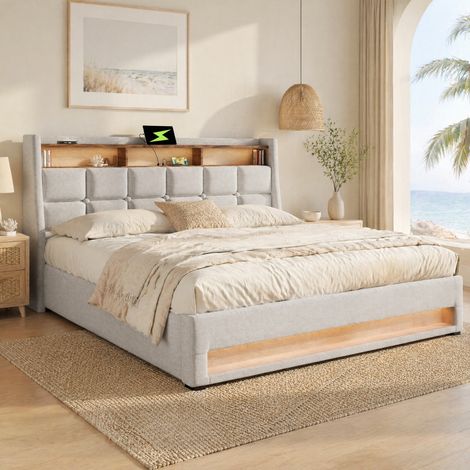 Lit coffre 160x200 LED USB en lin beige HAVRYA (1/5)