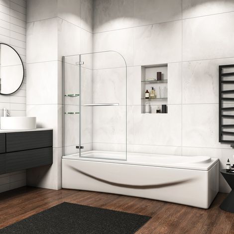 Sopravasca H.140cm Parete Doccia Per Vasca Girevole inclusi Due Ripiani Vetro Temperato Trasparente 5 mm Maniglia Porta Asciugamani 120 cm