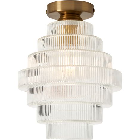 Litecraft Louisa Flush Mounted Ribbed Tiered Glass Ceiling 1 Light - Satin Brass (1/5)