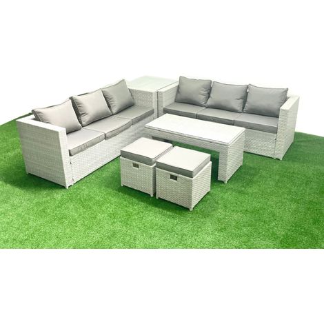 Fimous 8 places Salon de Jardin Extérieur Canapé de jardin en rotin Table basse oblongue avec 2 Petit pouf Table d'appoint Gris clair mixte (1/5)
