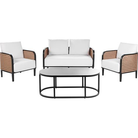 Conjunto de jardín exterior metal 4 plazas sofá y sillones de aluminio con cojines gruesos blanco crema impermeable respaldo trenza vienesa ratán sintético mesa de centro Montefalco