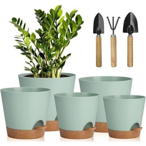 5 Pcs Pots de Fleurs en Plastique, 17.8/16.5/15.2/13.9/12.7cm Pots à Fleurs/Plantes en Plastique, Auto-Arrosant avec Soucoupe de Fleur Convient aux Jardins de Balcon Intérieurs et Extérieurs (1/5)