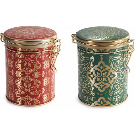 Barattoli natalizi in metallo adatti al contatto con alimenti con chiusura ermetica ed elegante decorazione, set da 6 pezzi, cm 11,5 x 9 x 12 H