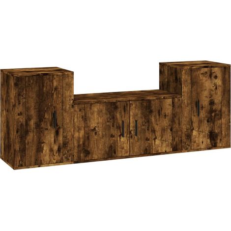 Conjunto de muebles mueble aparador TV televisión salón dormitorio salón 3 piezas roble ahumado madera de ingeniería marrón 020024592
