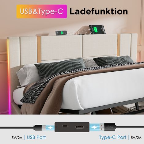 Lit coffre double 160x200cm, sommier bois, tissu lin beige, tête de lit LED avec chargeur USB-C et commande APP, matelas inclus, literie moderne. (1/5)