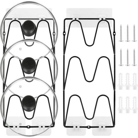 2 pièces, 6 niveaux Support de rangement pour couvercles de casseroles, sans perçage, adhésif,résistant à la rouille, pour couvercles de casseroles et poêles, rangement de cuisine(Noir ) (1/4)