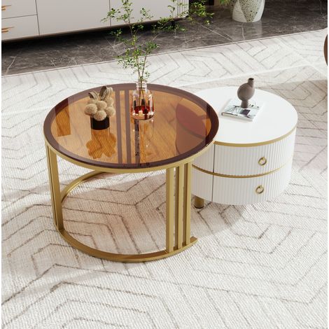 Tavolino rotondo sovrapponibile 2 in 1 con piano bianco e piano in vetro temperato marrone, 2 cassetti, bianco e oro (1/5)