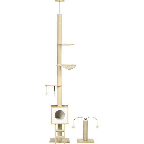 Höhenverstellbarer Katzenbaum (225–285 cm), 4-stufiger Kratzbaum, Katzenhaus, Hängematte, Leiter, Spielzeug, beige