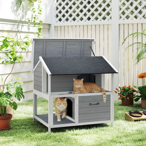 Niche extérieure pour chat imperméable en épicéa, toit à charnières, 80 x 93 x 95 cm, gris – abri jardin, chalet chat outdoor