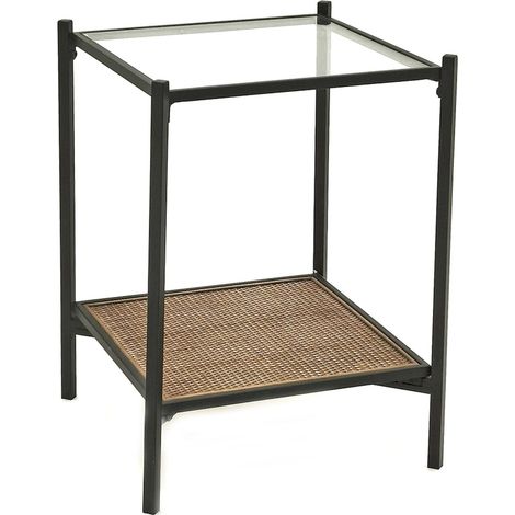 Table dappoint en métal et rotin naturel avec plateau en verre - noir et rotin naturel avec verre transparent (1/3)