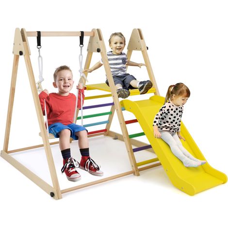 COSTWAY Indoor Jungle Gym Kids 3-in-1 Foldable Wooden Climbing Toys Multi-color
