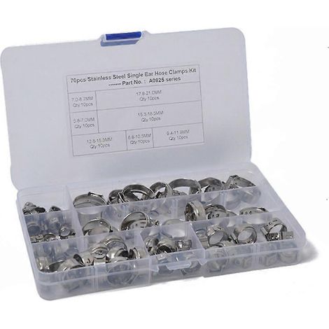 Kit de 70 colliers de serrage à une oreille, sans crantage, en acier inoxydable, disponible en 7 tailles. (1/4)