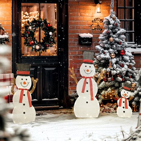 Famiglia di pupazzi di neve natalizi in 3 pezzi, decorazione per esterni, luci a LED, picchetti da terra, impermeabile, acciaio, poliestere, bianco